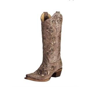 Corral Bone Inlay Studded Cowboy Boots Western 9 1/2 Cowgirl Festival Leather